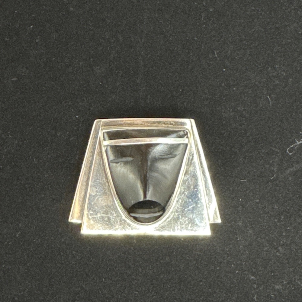 Fred Davis Sterling Silver Obsidian Mask Brooch Mexico Vintage Modernist‎ Pin